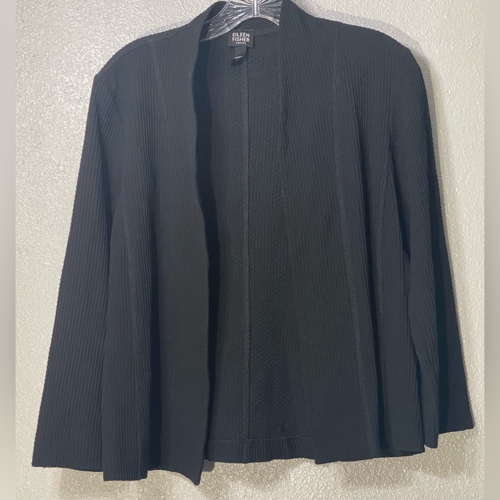 Eileen Fisher Black Waflle Open Front Cardigan - Size PS
